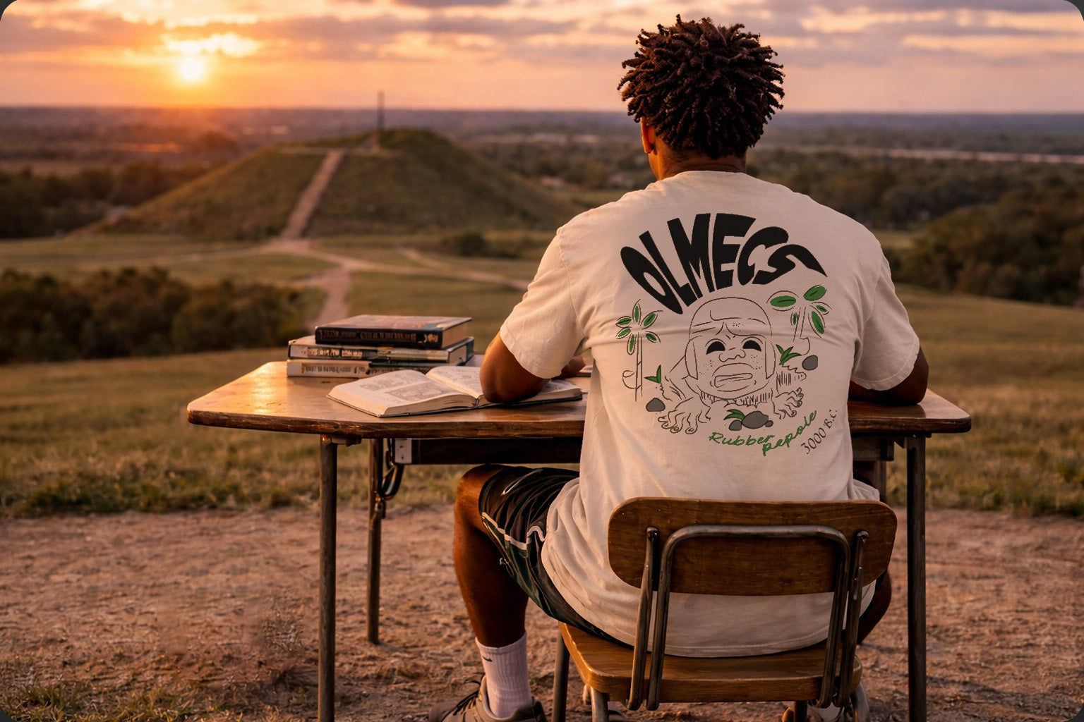 Man sitting at a desk at the Cahokia Mounds with a sunset in the background, wearing a cream t-shirt with Olmec inspired design.